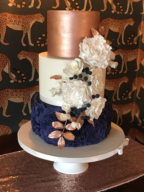 Navy Blue And Rose Gold Cake Ideas, Navy Blue And Rose Gold Cake, Navy Blue And Rose Gold Party Decor, Navy Blue Purple And Rose Gold Wedding, Navy And Rose Gold Decorations, Blue And Rose Gold Wedding Cake, Navy Blue And Rose Gold Birthday Party, Simple Wedding Cake Navy Blue, Navy And Rose Gold Wedding Cake