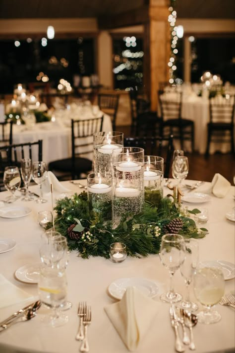 Christmas Wedding Tree Ideas, Snow Theme Wedding, Christmas Bride And Groom Table, December Wedding Dessert Table, Winter Greenery Centerpiece Round Table, Winter Wedding Table Decorations Elegant, Winter Wedding Lighting, Winter Wedding Small Simple, December Wedding Floral Arrangements