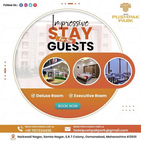 👉 Book a stay now at Hotel Pushpak Park today. 👉 Hurry! Get exciting deals, Offers You The Luxurious Stay. Call Now. ✅ 𝐁𝐨𝐨𝐤 𝐨𝐧𝐥𝐢𝐧𝐞 𝐇𝐨𝐭𝐞𝐥 𝐏𝐮𝐬𝐡𝐩𝐚𝐤 𝐏𝐚𝐫𝐤 ☎️ 👉 +91 7517334455 📧 hotelpushpakpark@gmail.com #HotelPushpakPark #restaurant #hotels #hotel #travel #hospitality #hotellife #luxury #vacation #holiday #tourism #luxuryhotel #restaurants #travelgram #luxuryhotels #summer #hoteliers #Osmanabad, #Maharashtra #instagram #maharastratourism #tourists #touristattraction Hotel Creative Ads, Social Media Design Ideas, Product Design Portfolio, Grand Opening Invitations, Hotel Ads, Convention Hall, Executive Room, Bedroom Cupboards, Hotel Gym