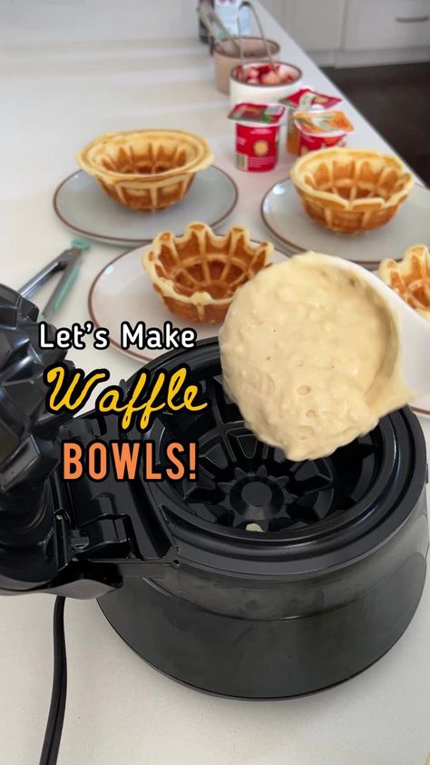 Get ready for a breakfast game-changer! 🤤 Waffle bowls have been the perfect way to switch up our weekend morning routine and get the kids excited about breakfast. 🤗 I’ll share the exact waffle bowl maker we have in the comment section. I like to let my kiddo’s choose their own toppings - like fruit, yogurt, chocolate syrup, and whipped cream. I put my waffle batter recipe in this caption below 👇 so save this post so you remember to try it too! I love how waffle bowls are so versatile and can Waffle Bowls Recipe, Waffle Bowl Recipe Ideas, Mini Waffle Bowl Recipes, Waffle Bowl Maker Recipes, Dash Waffle Bowl Maker Recipes, Mini Waffle Bowl Maker Recipes, Waffle Bowl Desserts, Banana Pudding Waffle Bowls, Cookie Dough Waffle Maker