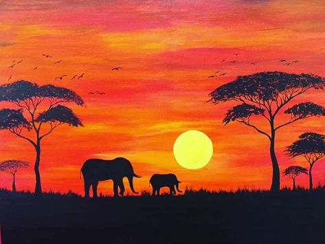 Oil on canvas painting, 75cmX55cm, 35$ Silhouette Drawing, Easy Diy Gifts, Sunset Painting, Art Classes, Diy Gifts, Easy Diy, Elephant, Drawings, Animals