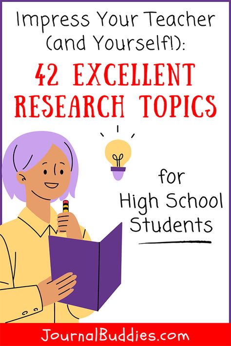 This list offers 42 of the best research topics for high school students. Dive in and find the perfect springboard for your next research project! #ResearchTopicsForHighSchoolStudents #ResearchPaperIdeas #JournalBuddies Research Ideas For High School, Research Topics Ideas High Schools, Esl Projects High School, Research Topics For Bored People, English Project Ideas For High School, Research Project Ideas, Research Topics Ideas, College Essay Topics, Research Topics