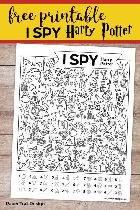 Free Printable Harry Potter I Spy Game. Boredom buster to keep kids busy on a rainy day or for a Harry Potter party activity. #papertraildesign #HarryPotter #HarryPotterParty #boredombuster #kids #summer #rainyday #HarryPotterPrintables Harry Potter Class Activities, Harry Potter Worksheets For Kids, Harry Potter Writing Activities, Harry Potter Activities For Kids, Harry Potter Activities Printables, Harry Potter Printables Free Templates, Free Printable Harry Potter, Harry Potter Motto Party, Patterns Zentangle