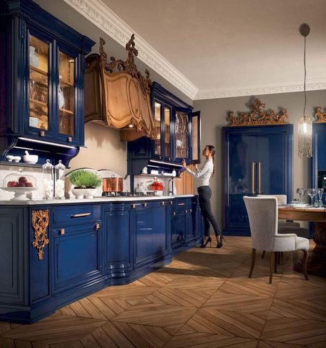 Blue Kitchen Furniture, Cabinet Classic, Classic Cabinet, Kitchen Appliances Luxury, French Classic, Blue Cabinets, Blue Kitchen, Kitchen Inspiration Design, Fruit Garden