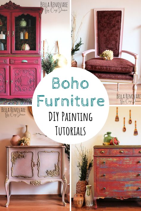 Eclectic Furniture Diy, Boho Furniture Ideas, Diy Boho Furniture Makeover, Boho Furniture Painted, Funky Painted Furniture Bohemian, Funky Furniture Diy, Painted Dresser Ideas Boho, Boho Furniture Makeover, Boho Painted Furniture