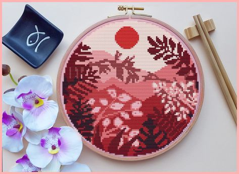 Japanese Lanscape Cross Stitch Pattern, Japan Cross Stitch, Cute Cross Stitch, Kawaii Cross Stitch, Floral Cross Stitch, Counted, Kreuzstich Japan Cross Stitch, Japanese Cross Stitch Patterns, Japanese Cross Stitch, Crafting Hobbies, Stitch Kawaii, Cross Stitch Cute, Cross Stitch Floral, Kawaii Cross Stitch, Stitch Cute