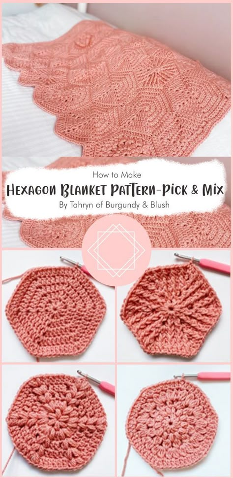 Crochet Blanket Patterns Hexagon, Hexagon Square Crochet Pattern, Hexagon Blanket Crochet Pattern, How To Crochet Hexagons, Honeycomb Granny Square, Hexagonal Crochet Blanket, Hexi Crochet Blanket, Half Hexagon Crochet Pattern, Hexagon Afghan Crochet Pattern