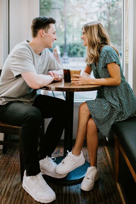 Couple Poses Coffee Shop, Couples Cheers Photo, Adoption Profile Photo Shoot, Couple At Coffee Shop, Casual Couples Photos, Engagement Photos Coffee Shop, Coffee Shop Couple Photoshoot, Coffee Shop Engagement Photos, Engagement Photos Coffee