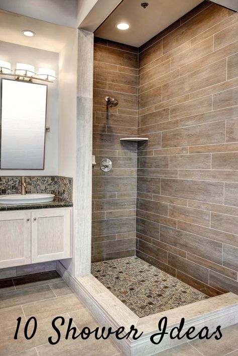 Beige Tile Bathroom, Houzz Bathroom, Wood Tile Shower, Makeover Kamar Mandi, Wood Tile Bathroom, Bilik Air, Bathroom Shower Design, Beige Bathroom, Brown Bathroom