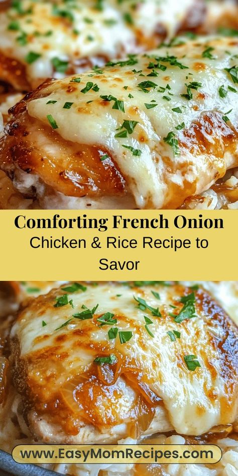 Discover the warmth of French Onion Chicken & Rice, a comforting dish that combines the rich flavors of classic French onion soup with tender chicken and creamy rice. This easy-to-make recipe features caramelized onions and melty Gruyère cheese, creating a delightful meal perfect for family dinners or special occasions. With simple ingredients and straightforward steps, you'll impress loved ones with a delicious and memorable feast that embodies the essence of comfort food. Chicken And Creamy Rice, French Onion Soup Chicken, Chicken Rice Recipe, French Food Recipes, Classic French Onion Soup, Chicken Rice Recipes, French Onion Chicken, Creamy Rice, Onion Chicken