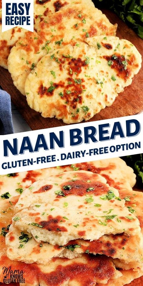 An easy recipe for gluten-free Naan bread. This homemade soft gluten-free flat bread is a great side dish for any meal. This gluten-free flat bread recipe also has a dairy-free option. Gluten Free Flat Bread Recipe, Gf Naan, Mama Knows Gluten Free, Gluten Free Naan Bread, Gf Sides, Pillsbury Gluten Free, Gluten Free Naan, Gluten Free Flatbread, Gluten Free Dough