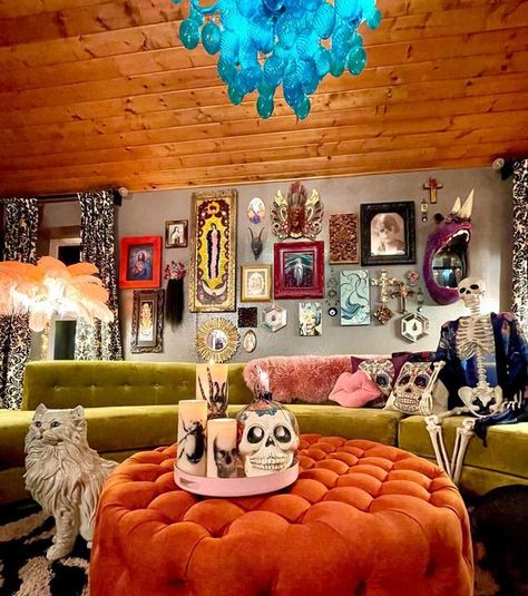 Brandi Nuttall on Instagram: "It’s Tuesday so I’m off work! Took this shot with a little bit of everything in it…it’s called maximalism 😆 I’ll be so so busy this “weekend” but I’ll squeeze in some time for reels and stills with a Halloween twist! 👻 like it or not 💀🧡 #walltowallstyle #thehousefanatics #dogsbollocksdecor #myspaceanddecor #makeitpopinteriors #myeclectichomerocks #colourfulhomevibe #interiormixtape #interiorrebellion #exclusivelyinclusivehomes #dabblingwithdecor #hyglaminspi Eclectic Halloween Decor, Goth Maximalism, Maximalist Halloween, Gothic Maximalism, Eclectic Halloween, Moody Maximalism, Dark Maximalist, Maximalism Decor, Gothic Homes