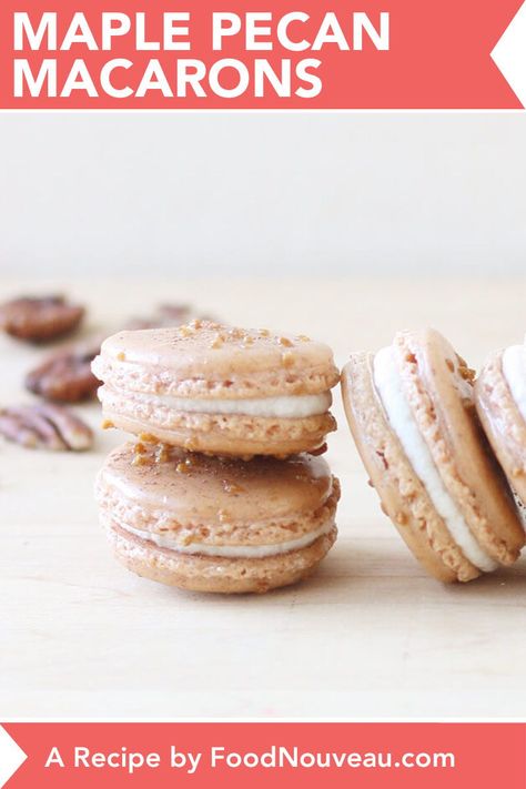 Maple Pecan Macarons, Pecan Macarons, Tiny Desserts, Heart Macarons, Maple Recipes, French Cookies, French Macaroons, Macaroon Recipes, Bite Size Desserts