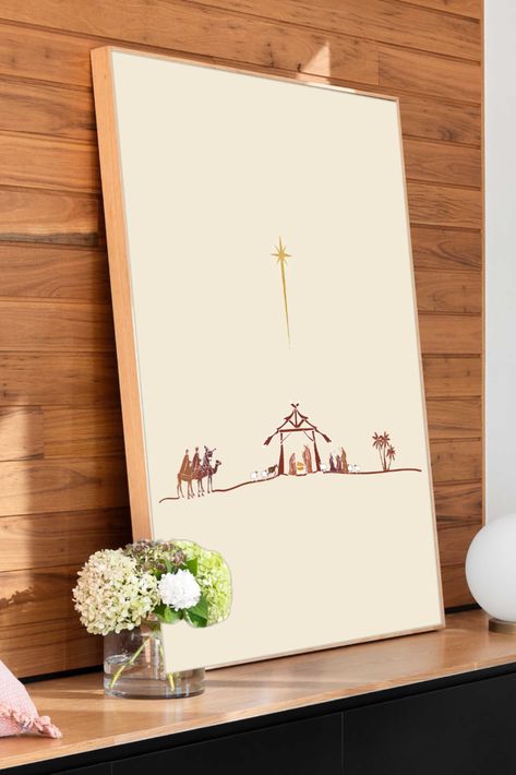 Minimal Nativity Scene, Nativity Scene Wall Art, How To Paint Nativity Scene, Manger Christmas Decor, Diy Large Christmas Wall Art, Minimalist Christmas Drawing, Large Christmas Art, Christian Christmas Paintings, Nativity Decorations Christmas