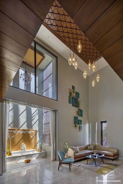 #interiordesign #interior #home #homedesign #homesweethome #homeinspo #design #homeinterior #decor Double Height Pooja Room, Ceiling Design Indian, Traditional Ceiling Design, Indian Contemporary Interiors, Modern Chandeliers High Ceilings, Balcony With Plants, Living Hall Interior, Traditional Indian Houses, Double Height Ceiling