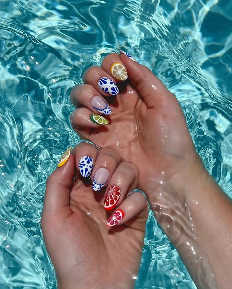 summer citrus slices🍋‍🟩💙🍊🌞 I wore this mani last week for a short little vacay to the beach. I used @lightslacquer polishes for all of the designs + once the citrus nails were fully dry I added @makartt_official 3D painting gel to give them some juicy dimension🍋🩷 save on your LL purchase with code “POP” 🫶🏼🍊 Citrus Nails, Citrus Slices, Beach Nail Art, Nail Pops, 3d Painting, Hair Skin Nails, Beach Design, Beach Nails, Gel Nail Designs