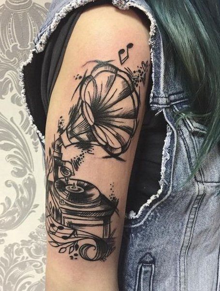 Gramophone Tattoo, Music Tattoo Sleeves, Music Notes Tattoo, Feminine Tattoo Sleeves, Music Tattoo Designs, Tattoo Zeichnungen, Muster Tattoos, Music Tattoo, Best Sleeve Tattoos