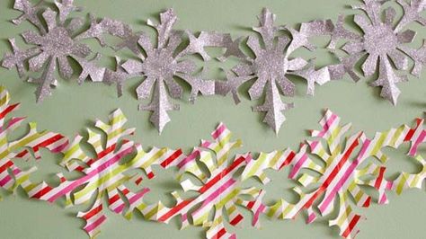 How to Make Paper Snowflake Chains.  Once I got the idea I also made gingerbread men and ornaments. Paper Christmas Crafts, Snowflake Paper, How To Make Snowflakes, Paper Angel, Wrapping Paper Crafts, Paper Chain, Paper Snowflake, Holiday Templates, Homemade Art