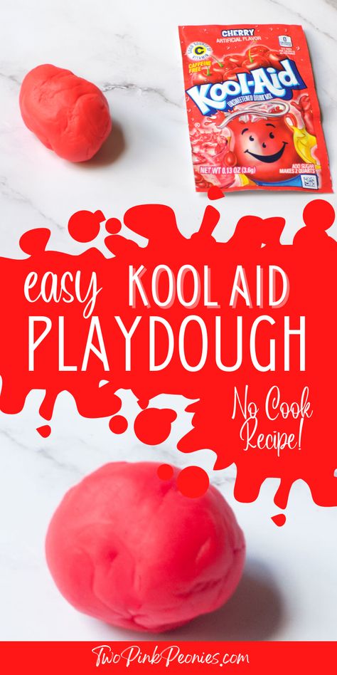 text that says easy kool aid play dough no cook recipe above and below are images of red play dough Kool Aid Playdough Recipe, Kool Aid Playdough, Kool Aid Play Dough, Playdough Recipe No Cook, Kool Aid Play Dough Recipe, Koolaid Playdough, Kool Aid Flavors, Cooked Playdough, Homemade Pictures