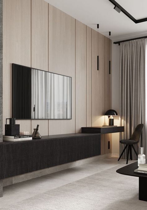 Visualization: Anzhelika Netecha Design: Borodindesign Year: 2022 Shiplap Tv Wall, Tv Unit Wall Design, Under Tv Ideas Wall Mounted Tv, Tv Unit Wall, Tv Wall Decor Living Room, Wall Design Ideas, Wall Unit Designs, Modern Tv Wall Units, Modern Tv Wall