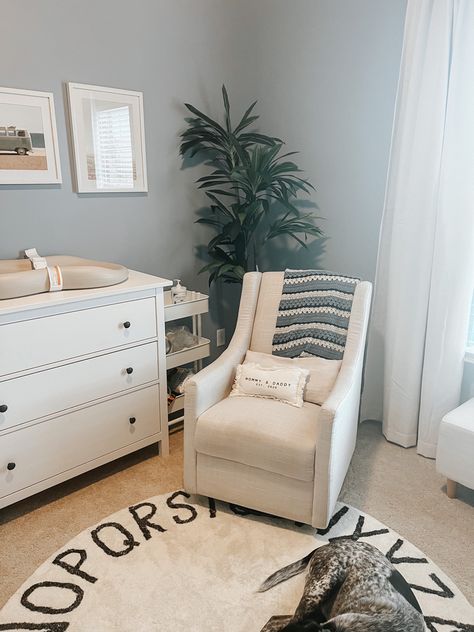 Cozy corner of our baby boy’s nursery. We added some greenery to offset all of the white and ivory furniture in his room. Boho Surf Nursery, Ivory Nursery, Ivory Furniture, Surf Nursery, Boho Surf, Boy Blue, Cozy Corner, Forever Home, Our Baby