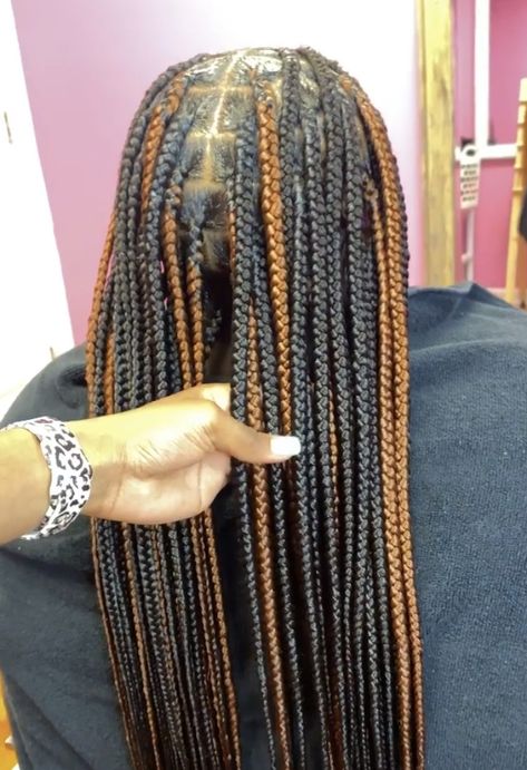 Brown Skunk Stripe Braids, Knotless Box Braids Brown And Black, Black Box Braids With Brown Highlights, Peek A Boo Box Braids Brown, Knotless Box Braids Medium Color Brown, Peakaboobraids Brown And Black, Knotless Braids With Brown, Brown And Black Peekaboo Braids, Calf Length Knotless Braids