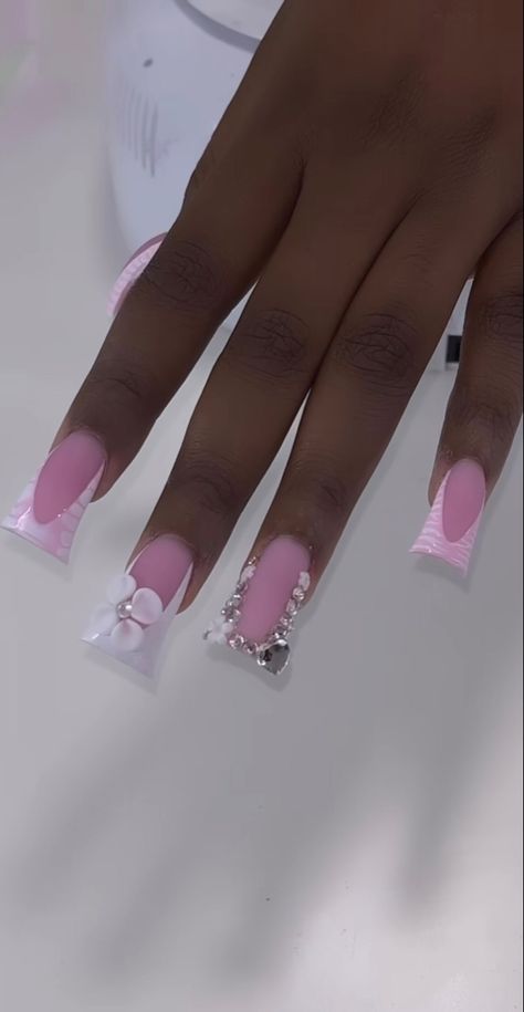 Gel Sets Nails, Pink Duck Nails French Tip, Short Boujee Nails, Bad And Boujee Nails Short, Professional Acrylic Nails, White Birthday Nails, Birthday Nail Set, Acrylic Nail Set, Duck Nails