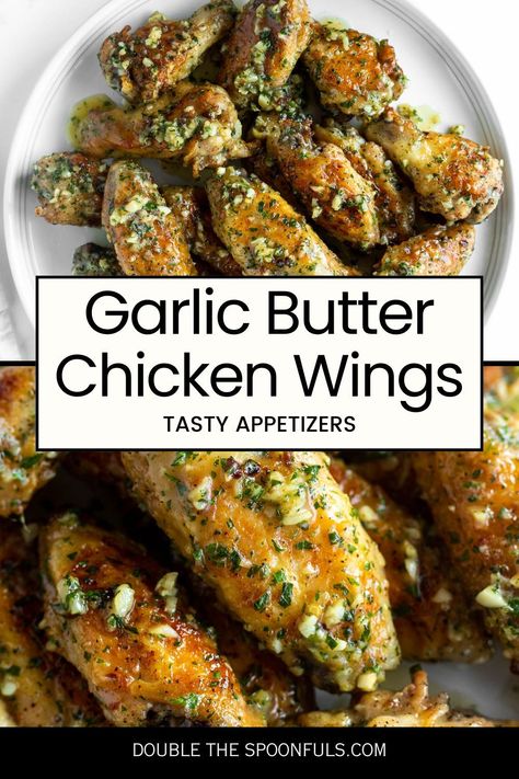 If you're looking for an easy appetizer, this garlic butter chicken wing recipe has a relatively short and simple ingredients list, making it really quick to grab everything you need to make these wings. They're full of flavor without being spicy. Spicy Garlic Wings Recipe, Creamy Cajun Garlic Butter Wings, Spicy Garlic Wings, Cowboy Butter Chicken Wings, What To Make With Wings, Dinner Ideas With Chicken Wings, Chicken Wing Flavors Recipes, Oven Wings Recipe, Wing Ding Recipes