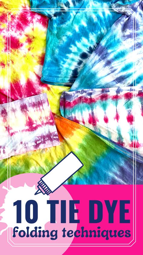 From classic stripes, ice dye, to complex swirls, these fun and unique tie dye patterns and folding techniques will provide endless options for your creative projects. With a variety of ideas to choose from, you’re sure to find something for your next DIY project! How To Fold Shirts For Tie Dye, Swirl Tie Dye Technique, Tye Dye Methods, Tie Dye Rubber Band Patterns, Types Of Tie Dye Patterns, Tie Dye Shirts Patterns Tutorials, Easy Tye Dye Shirts, Tie Dye Tshirt Ideas, Tie Dye Patterns Long Sleeve Diy