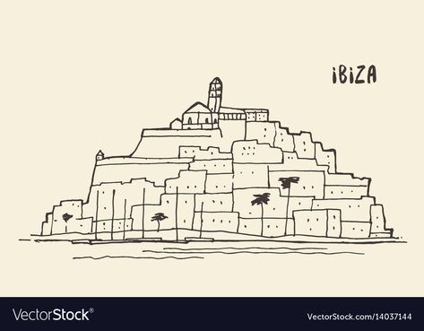 Sketch of Ibiza landscape vector image. Ibiza Landscape, Sunrise Drawing, Landscape Vector Illustration, Mountain Sketch, Landscape Vector, Ibiza Travel, Family Vector, City Sketch, Man Sketch