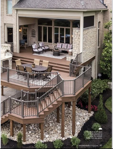 Two Level Covered Deck Ideas, Elevated Back Porch Ideas, Second Story Decks And Porches, Deck Across Entire Back Of House, Three Level Deck, 3 Story Deck, Multilevel Deck Ideas, Upper Deck Ideas Second Story, Second Level Deck Ideas