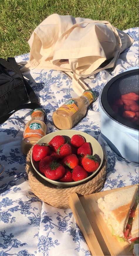 Blue Picnic Aesthetic, Picnic Strawberries, Aesthetic Strawberries, Strawberry Picnic, Blue Picnic, Cute Food Ideas, Summer Blues, Picnic Aesthetic, Picnic Date