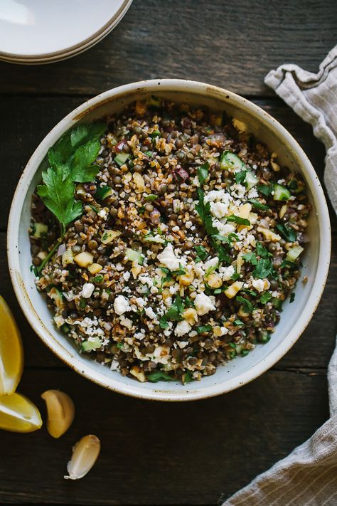 Lentil Bulgar Salad Clean Salads, Decadent Recipes, Feta And Olives, Foods That Contain Protein, Green Lentil, French Green Lentils, Perfect Salad, Meat Free Recipes, Buddha Bowls