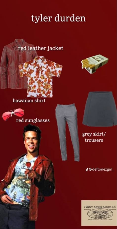 Nonchalant Halloween Costumes, Late Costume Ideas, Tyler Dryden Costume, Tyler Durden Halloween Costume Girl, Tyler Durden And Marla Singer Costume, Halloween Costumes With Leather Jacket, Tyler Durden And Narrator Costume, Tyler Durden Costume Girl, Female Tyler Durden Costume