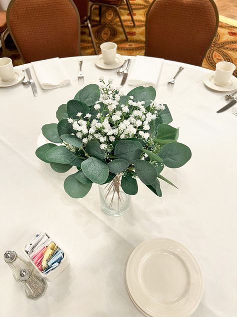 Greenery Party Centerpieces, Eucalyptus Baptism Decor, Sage Baptism Decor, Simple Baptism Decor, Winter Baptism Decor, Adult Baptism Party Ideas, Neutral Baptism Decor, Sage Green Baptism Decor, Baptism Flower Arrangements