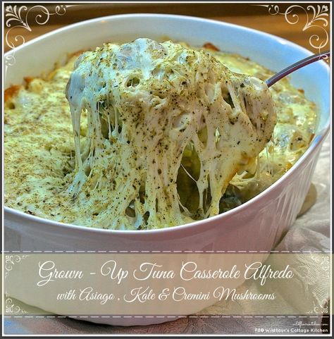 Tuna Alfredo, Low Sodium Cheese, Alfredo Casserole, Tuna Casserole, Cremini Mushrooms, Baked Casserole, Asiago, Protein Recipes, Healthy Vegetables