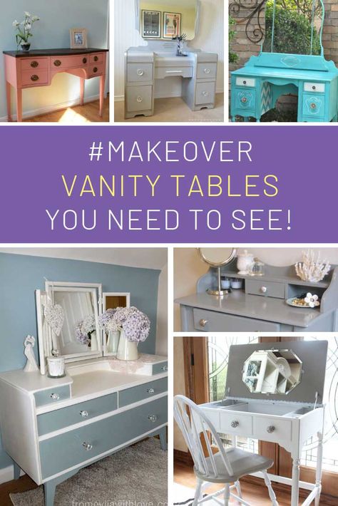 These vanity table makeovers are STUNNING! Love a good upcycle project for the weekend! Old Vanity Makeover, Dresser Into Vanity, Sewing Table Vanity, Upcycle Vanity, Fun Diy Projects For Home, Diy Makeup Vanity Table, Diy Vanity Table, Vanity Redo, Mommy Diy