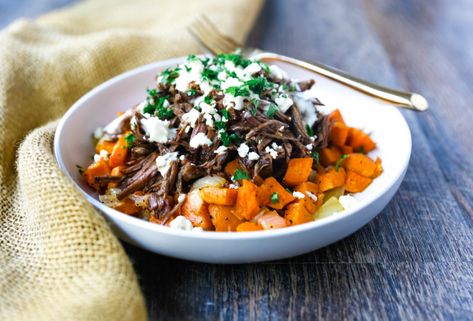 Beef And Sweet Potato Recipes, Beef And Sweet Potato, Homemade Horseradish, Modern Honey, Farm Fresh Recipes, Potato Hash, Sweet Potato Hash, Braised Beef, Sweet Potato Recipes