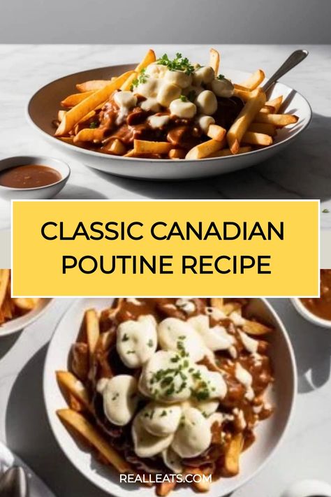 Plate of poutine topped with cheese curds, gravy, and parsley, with a side of gravy in a small dish. Poutine Recipes, Season Fries Recipe, Canadian Poutine Recipe, Poutine Gravy, Canadian Poutine, Vegetable Gravy, Poutine Recipe, Canadian Dishes, Canadian Cuisine