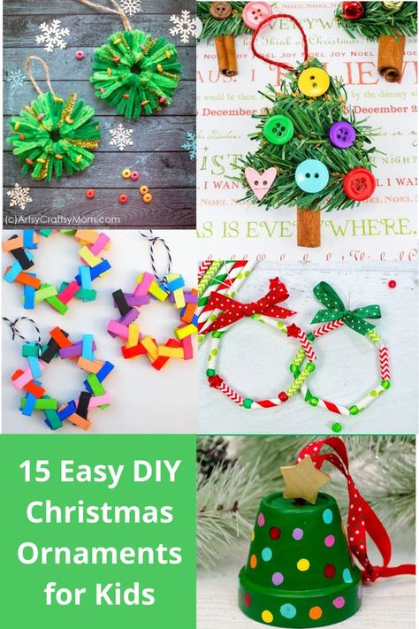 These DIY Christmas ornaments for kids are not only cute, but they're all super simple to make. This post has 15 different DIY Christmas ornament ideas that kids of all ages can make. They're perfect for making as Christmas gifts, or just to keep the kids occupied on a winter weekend. Your entire family will love these adorable DIY Christmas ornament ideas for the kids. #kidscraft #kidscrafts #kidschristmas Christmas Ornament Making Party For Kids, Easy Classroom Ornaments For Kids, Christmas Ornaments Diy 4th Grade, 4th Grade Christmas Ornament Craft, Class Ornament Craft, Elementary School Ornament Craft, Christmas Ornament Classroom Craft, Laminated Ornaments Kids, Toddler Christmas Tree Ornaments