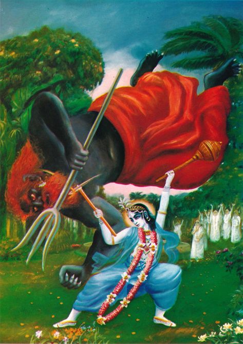 Lord Balarāma prepared Himself to meet the demon Balvala. At the time when the demon usually attacked the sacred place, there appeared a great hailstorm, the whole sky became covered with dust and the atmosphere became surcharged with a filthy smell. Just after this, the mischievous demon Balvala began to shower torrents of stool and urine and other impure substances on the arena of sacrifice. After this onslaught, the demon himself appeared with a great trident in his hand.. Krishna Birth, Krishna Book, Radha Krishna Wallpaper, Lord Krishna Wallpapers, Krishna Radha Painting, Radha Krishna Images, Krishna Radha, Krishna Wallpaper, Lord Krishna Images