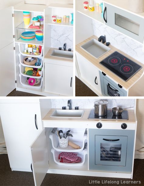 Storage that fits inside.... Kmart Cubby, Ikea Kids Kitchen, Cubby House Ideas, Diy Kids Kitchen, Ikea Play Kitchen, Kitchen Ikea, Kitchen Hack, Play Kitchens, Kids Play Kitchen