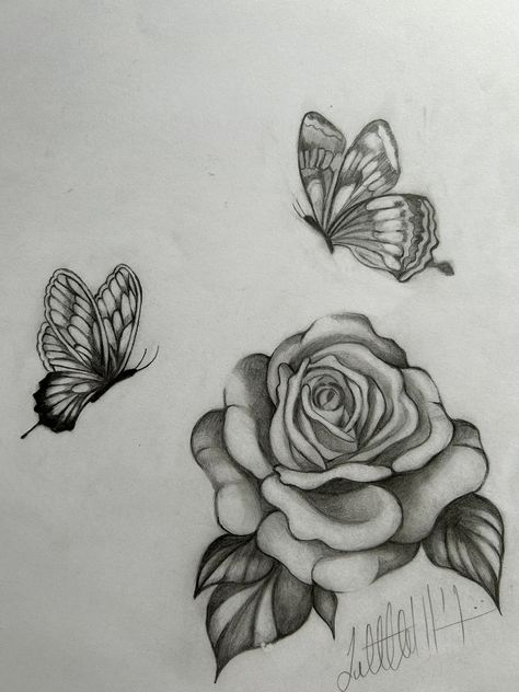 Butterfly Pencil Art, Rose Butterfly Drawing, Drawings For Girlfriend, Heart Rose Drawing, Butterfly On Rose Drawing, Butterfly Drawing Black And White, Butterfly With Flowers Sketch, Black And White Roses, Prison Art