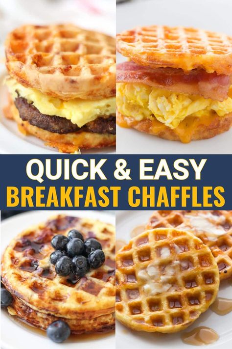 Keto Breakfast Chaffle Stacks - Fluffy low carb chaffle waffles piled with savory and sweet toppings make the perfect quick breakfast! This mouthwatering image shows a loaded bacon egg and cheese chaffle sandwich alongside a sweet berry mascarpone stack and pumpkin spice chaffle wedges. Easy 5 ingredient chaffle recipe included as well as modifications for sweet or savory. These crispy, custom chaffle stacks fit gluten free, keto, whole30, vegetarian and more diets. Affordable pantry ingredients Dessert Chaffles Recipe Keto Easy, Low Carb Breakfast For Work, Low Carb Breakfast Chaffle, Bacon And Egg Chaffle, Keto Mini Waffles, Mini Dash Keto Recipes, Cottage Cheese Egg Waffles, Eggless Chaffle Keto, High Protein Low Carb Waffles