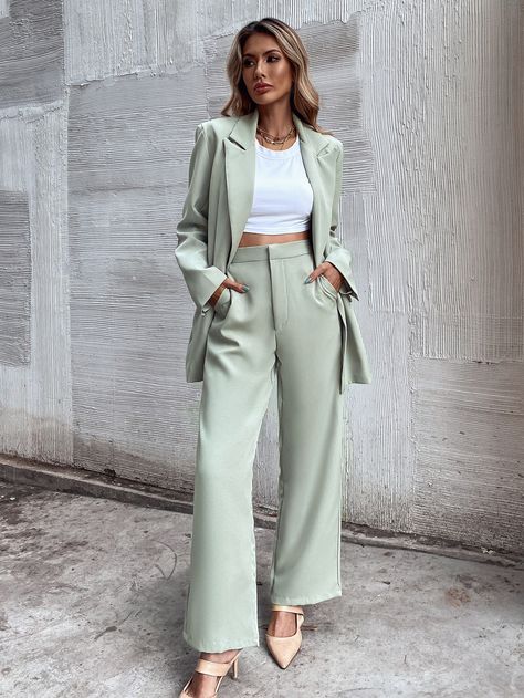 Solid Slant Pockets Tailored Pants | SHEIN USA Pants Outfit For Wedding Guest, Graduation Outfit Pants, Wedding Guest Outfit Pants Women, Graduation Pants, Green Suit Women, Semi Formal Outfits For Women, Mint Green Outfits, Graduation Suit, Formal Suits For Women