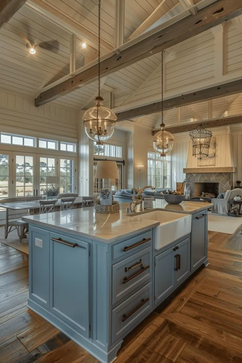 Discover creative ways to incorporate nautical accents and natural materials into your kitchen. Kitchen By The Sea, Lake Cottage Kitchen Ideas, Blue Farmhouse Interior, Kitchen Ideas Beach House, Lake House Kitchen Cabinets, Blue Farmhouse Kitchen, Barndo Kitchen, Big Kitchens, Beach Cottage Kitchens