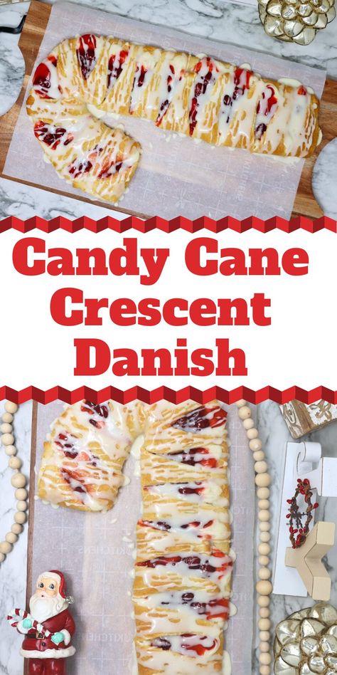 This Crescent Roll Candy Cane Danish is so delicious with all the cream cheese and cherries and the silky almond glaze drizzled over the top. This quick and easy crescent roll danish is perfect for breakfast on Christmas morning or any time during the holiday season. Crescent Roll Candy Cane, Candy Cane Danish, Crescent Roll Danish, Breakfast Danish, Almond Glaze, Christmas Pastries, Family Breakfast, Crescent Roll, Christmas Brunch