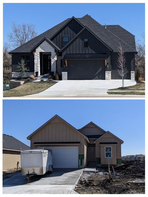 Charcoal Grey House Interior, Black White Stone Exterior, Charcoal And White House Exterior, Black White Oak House Exterior, Dark Siding With Stone Exterior, Dark Exterior With Light Stone, Black House With White Stone, Dark Charcoal House Exterior, Charcoal Siding House