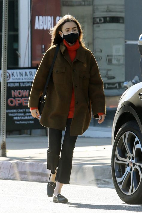 Lily Collins Style, Tv Character, Transitional Dressing, Red Turtleneck, Joan Smalls, Style Makeover, Emily In Paris, Leather Shirt, Lily Collins