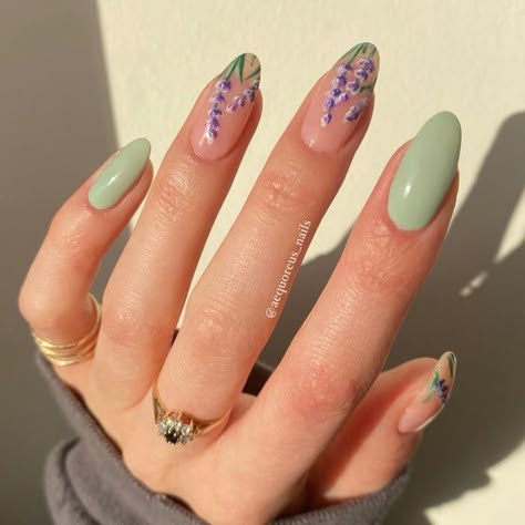 Delicate Acrylic Nail Designs, Purple And Sage Green Nails, Mushroom Almond Nails, Sage And Lavender Nails, Jade French Nails, Sage Green And Lilac Nails, Coffin Floral Nails, Brigerton Inspired Nails, Garden Party Nails